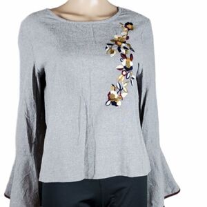 THML Anthropologie Gray Embroidery Blouse with Bell Sleeves